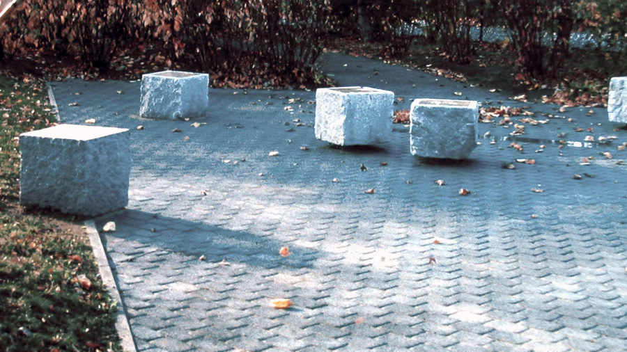 Floating Stones, 1992
Granite with elastomer inserts, plantings (River Birch, Pin Oaks, Red Twig Dogwood, Fragrant Sumac, Day Lilies), pavers, gravel.
Eleven 3' sq. blocks, 1800 sq. foot area.